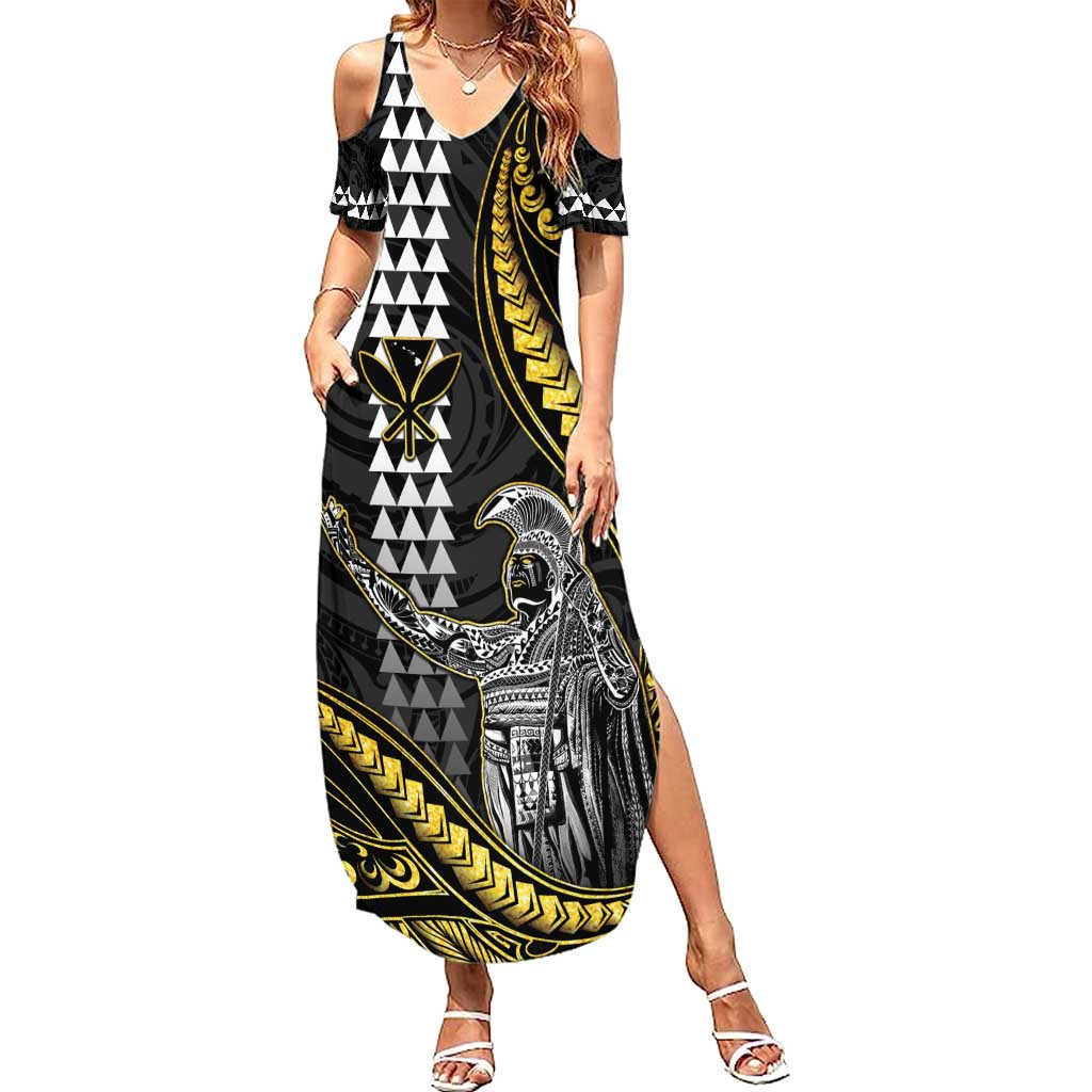 Hawaii King Kamehameha The Great Family Matching Summer Maxi Dress and Hawaiian Shirt Gold Tribal Tattoo LT05 Mom's Dress Gold - Polynesian Pride