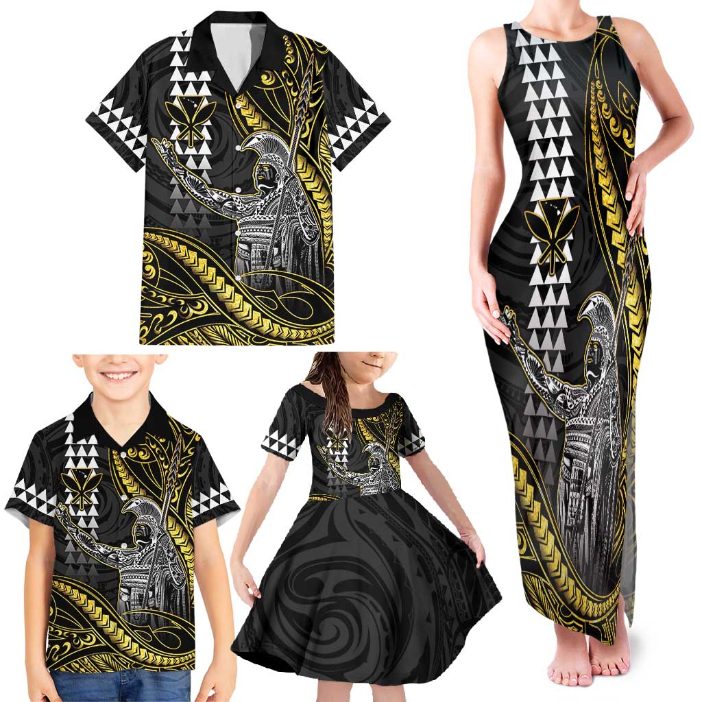 Hawaii King Kamehameha The Great Family Matching Tank Maxi Dress and Hawaiian Shirt Gold Tribal Tattoo LT05 - Polynesian Pride