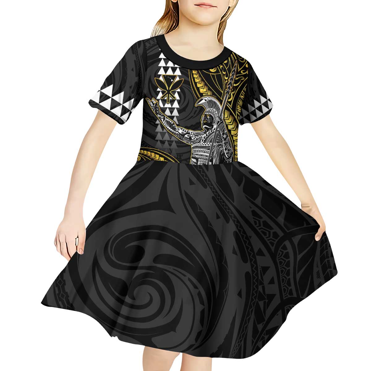 Hawaii King Kamehameha The Great Kid Short Sleeve Dress Gold Tribal Tattoo LT05 - Polynesian Pride