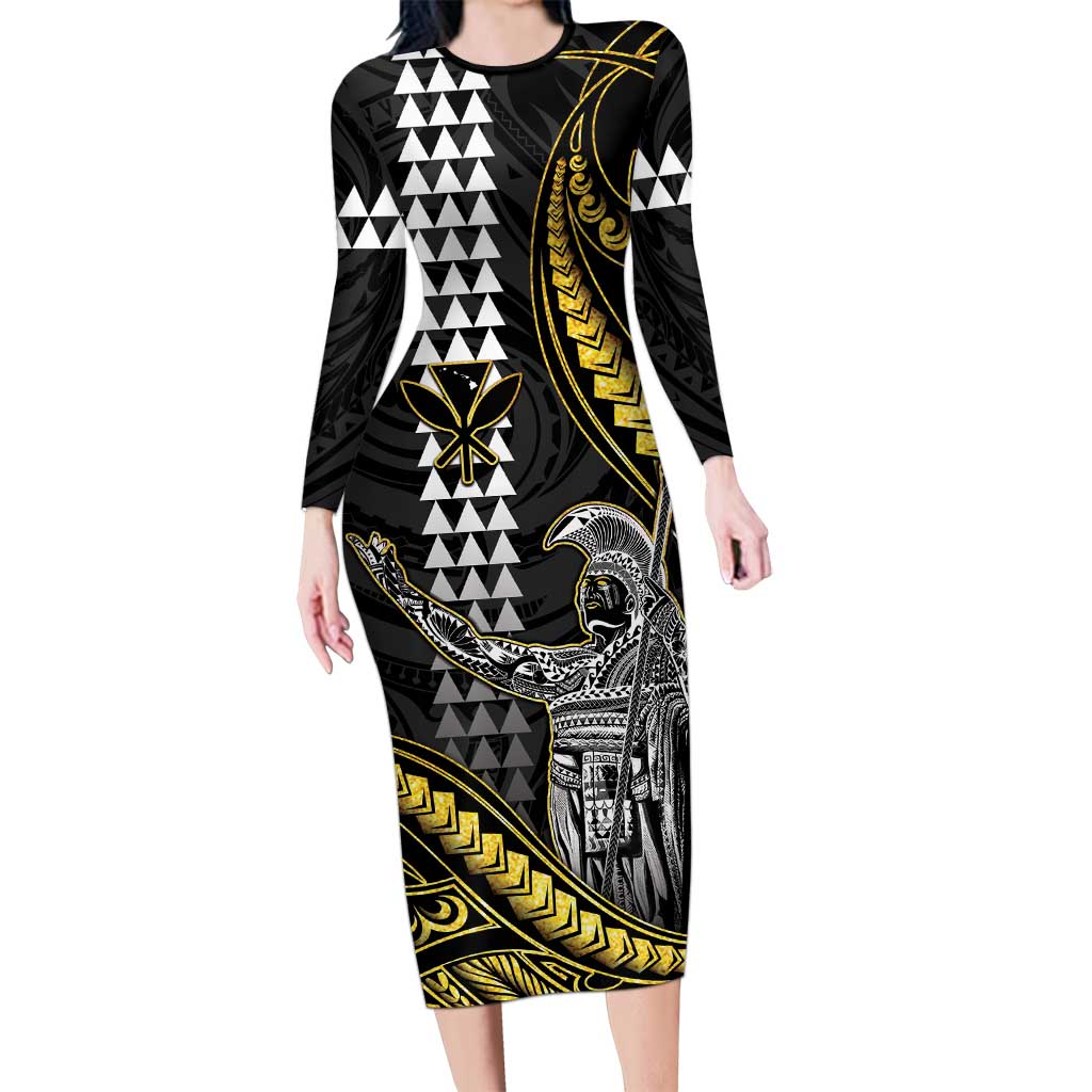 Hawaii King Kamehameha The Great Long Sleeve Bodycon Dress Gold Tribal Tattoo LT05 Long Dress Gold - Polynesian Pride