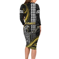 Hawaii King Kamehameha The Great Long Sleeve Bodycon Dress Gold Tribal Tattoo LT05 - Polynesian Pride