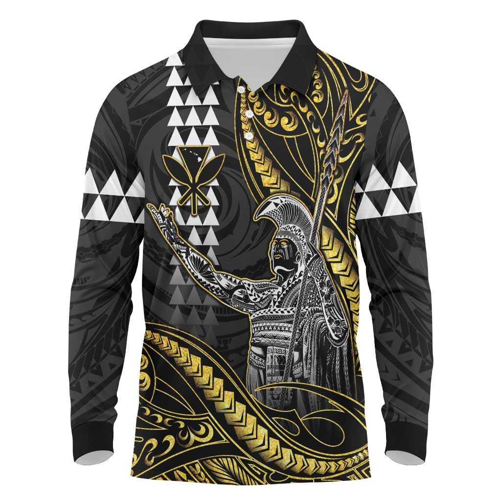 Hawaii King Kamehameha The Great Long Sleeve Polo Shirt Gold Tribal Tattoo LT05 Gold - Polynesian Pride