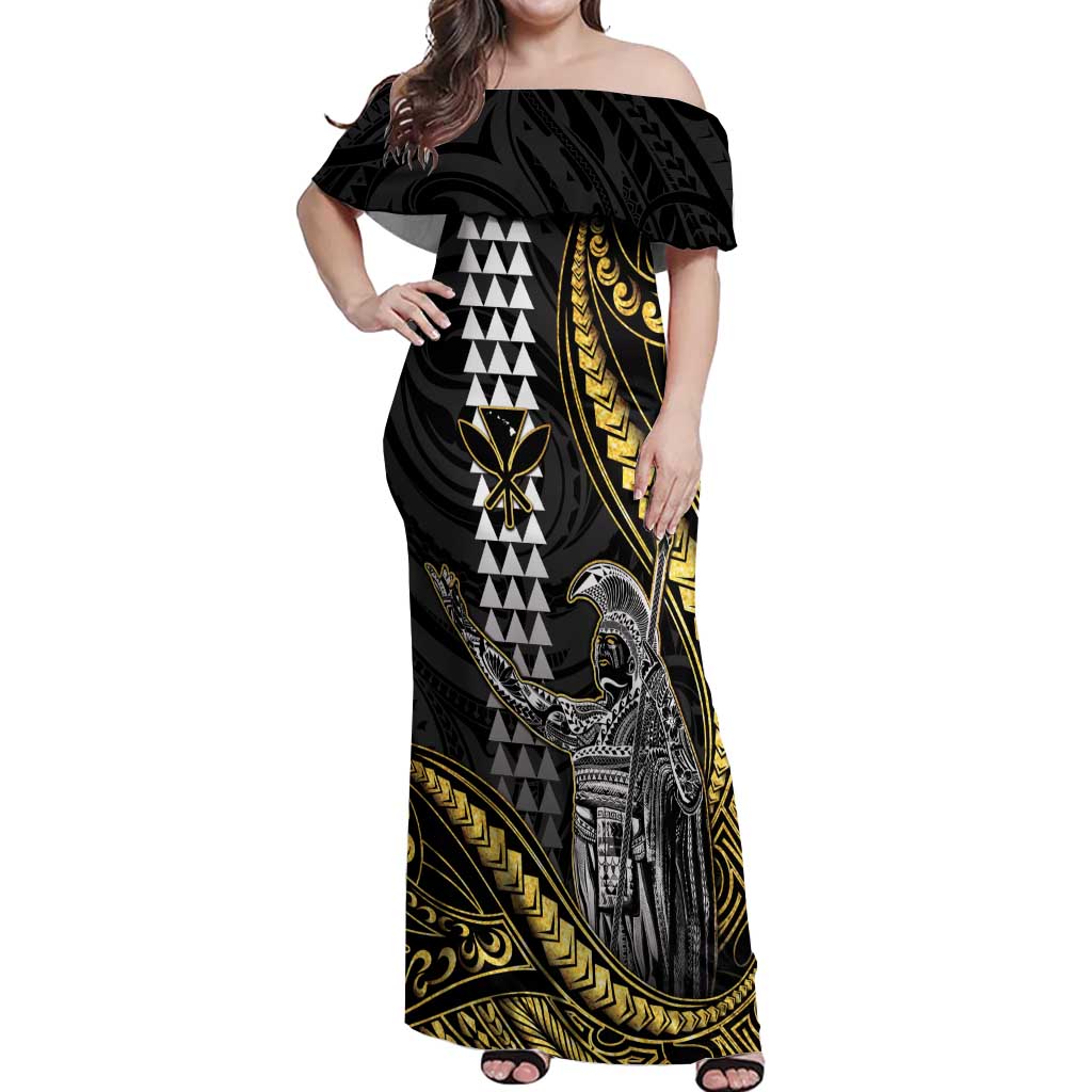 Hawaii King Kamehameha The Great Off Shoulder Maxi Dress Gold Tribal Tattoo LT05 Women Gold - Polynesian Pride