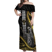 Hawaii King Kamehameha The Great Off Shoulder Maxi Dress Gold Tribal Tattoo LT05 Women Gold - Polynesian Pride