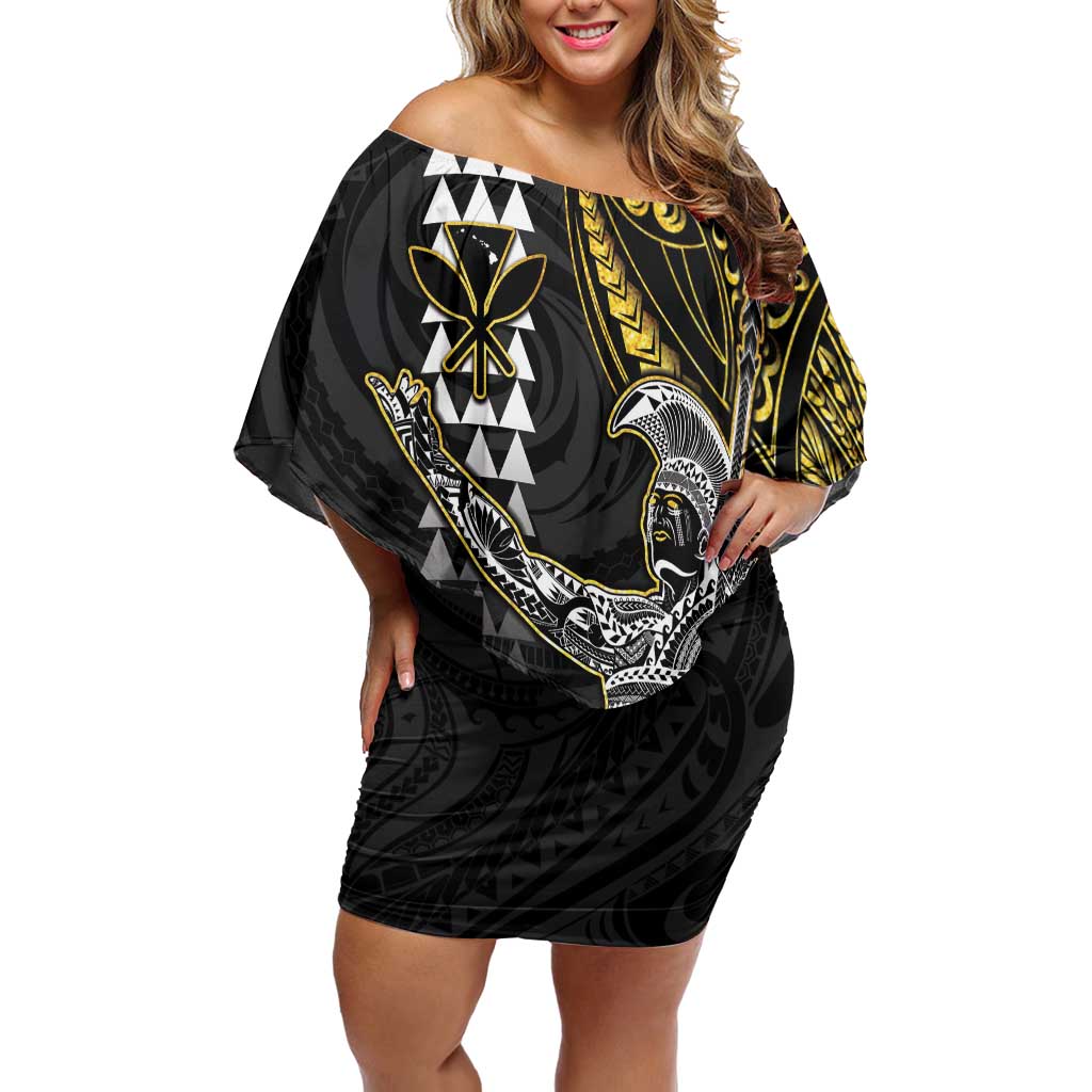 Hawaii King Kamehameha The Great Off Shoulder Short Dress Gold Tribal Tattoo LT05 Women Gold - Polynesian Pride