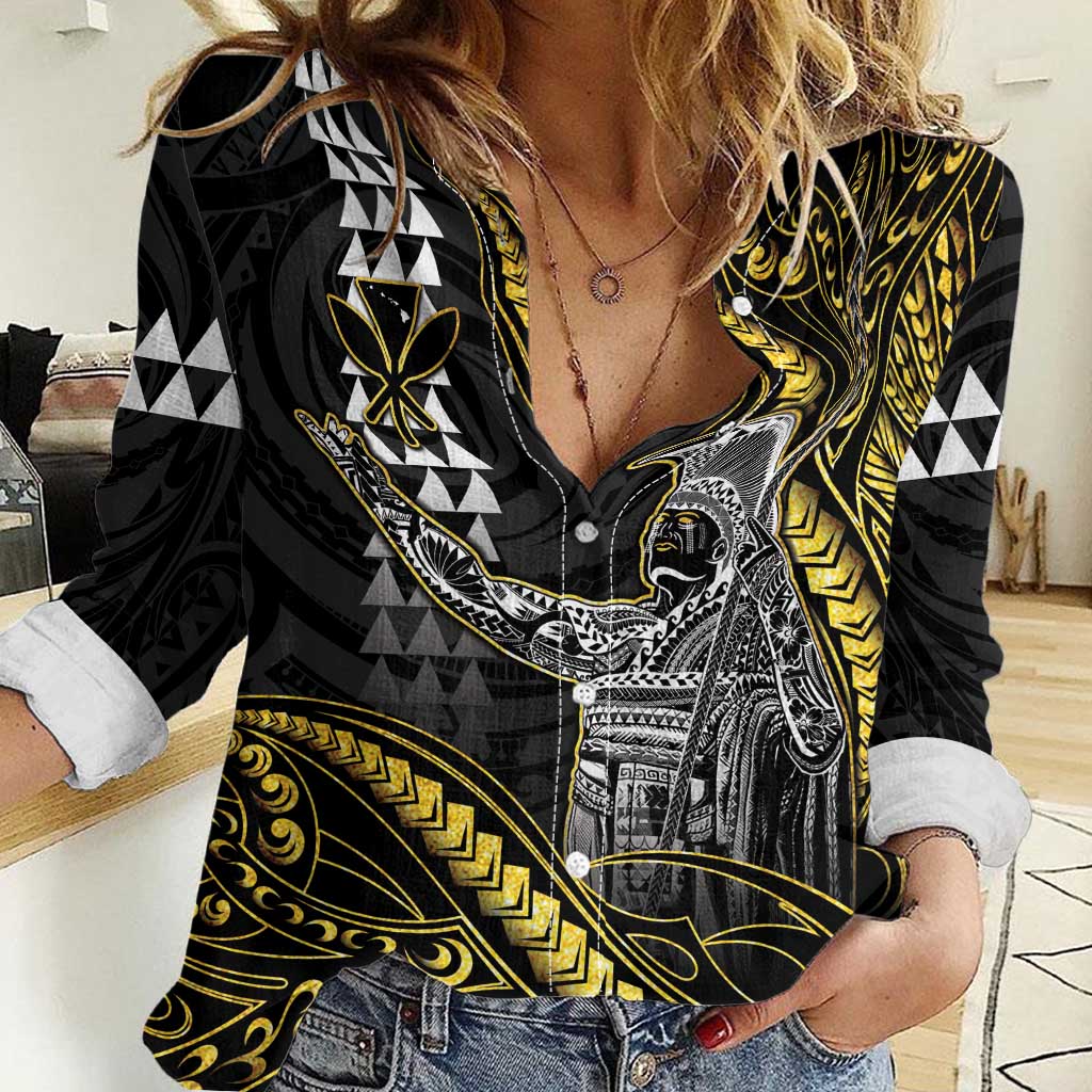 Hawaii King Kamehameha The Great Women Casual Shirt Gold Tribal Tattoo LT05 Female Gold - Polynesian Pride
