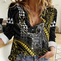 Hawaii King Kamehameha The Great Women Casual Shirt Gold Tribal Tattoo LT05 Female Gold - Polynesian Pride