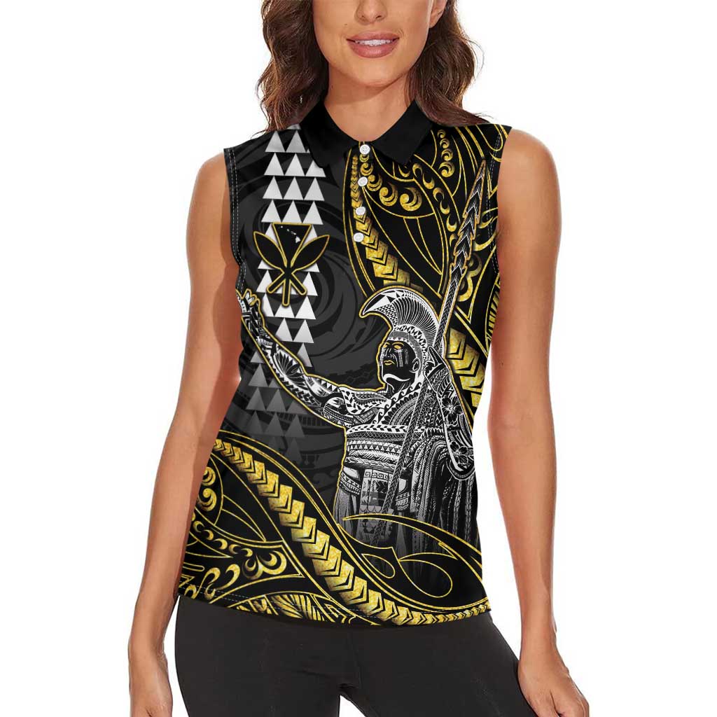 Hawaii King Kamehameha The Great Women Sleeveless Polo Shirt Gold Tribal Tattoo LT05 - Polynesian Pride