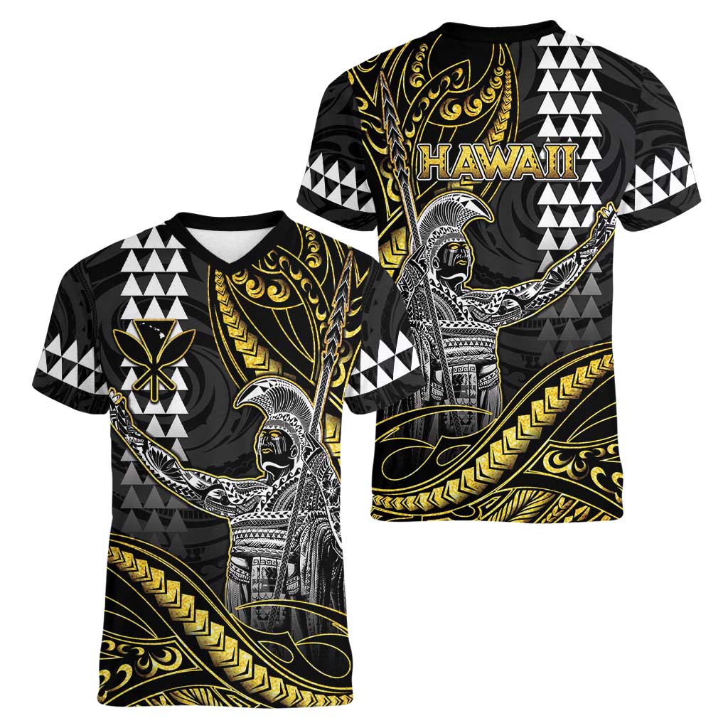 Hawaii King Kamehameha The Great Women V-Neck T-Shirt Gold Tribal Tattoo LT05 - Polynesian Pride
