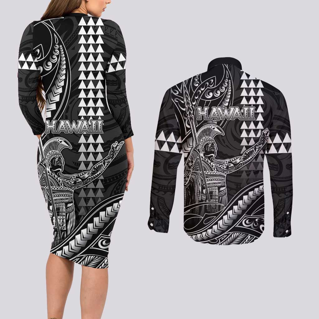 Hawaii King Kamehameha The Great Couples Matching Long Sleeve Bodycon Dress and Long Sleeve Button Shirt Black Tribal Tattoo LT05 - Polynesian Pride