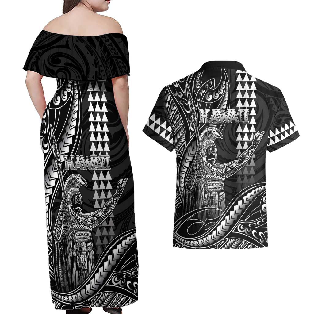Hawaii King Kamehameha The Great Couples Matching Off Shoulder Maxi Dress and Hawaiian Shirt Black Tribal Tattoo LT05 - Polynesian Pride
