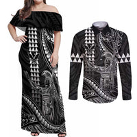 Hawaii King Kamehameha The Great Couples Matching Off Shoulder Maxi Dress and Long Sleeve Button Shirt Black Tribal Tattoo LT05 Black - Polynesian Pride