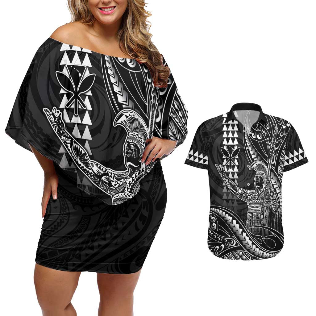 Hawaii King Kamehameha The Great Couples Matching Off Shoulder Short Dress and Hawaiian Shirt Black Tribal Tattoo LT05 Black - Polynesian Pride