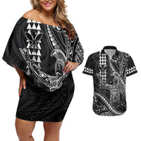 Hawaii King Kamehameha The Great Couples Matching Off Shoulder Short Dress and Hawaiian Shirt Black Tribal Tattoo LT05 Black - Polynesian Pride