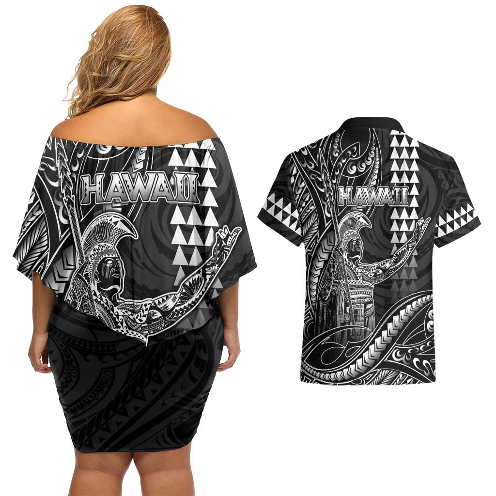 Hawaii King Kamehameha The Great Couples Matching Off Shoulder Short Dress and Hawaiian Shirt Black Tribal Tattoo LT05 - Polynesian Pride