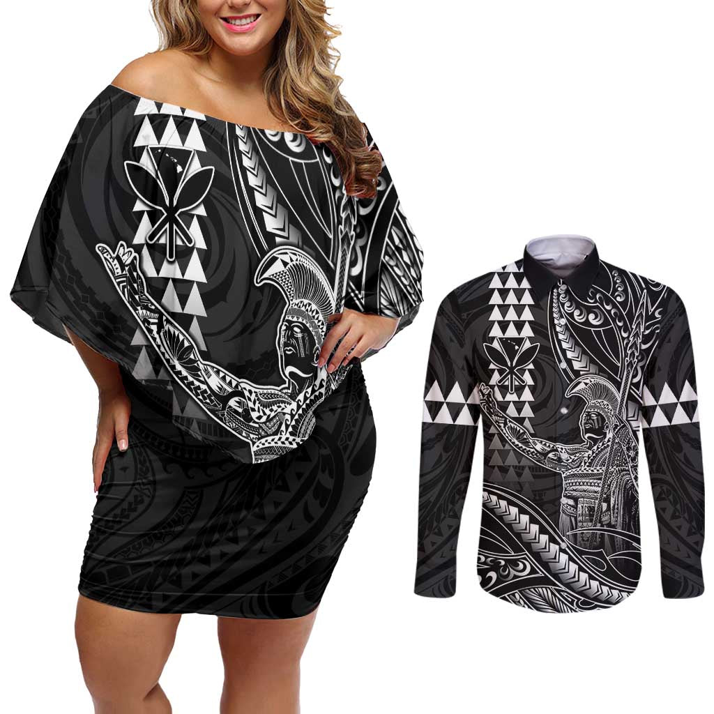 Hawaii King Kamehameha The Great Couples Matching Off Shoulder Short Dress and Long Sleeve Button Shirt Black Tribal Tattoo LT05 Black - Polynesian Pride