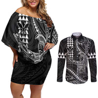 Hawaii King Kamehameha The Great Couples Matching Off Shoulder Short Dress and Long Sleeve Button Shirt Black Tribal Tattoo LT05 Black - Polynesian Pride