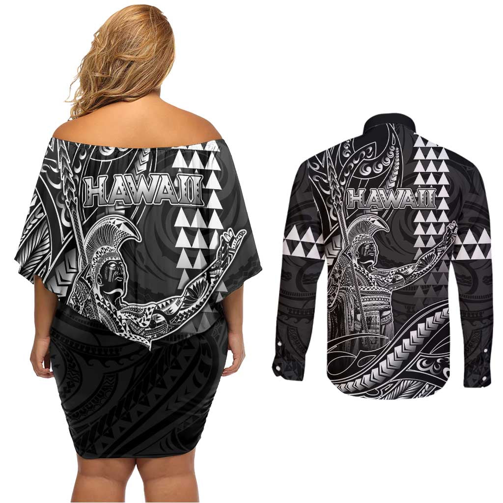 Hawaii King Kamehameha The Great Couples Matching Off Shoulder Short Dress and Long Sleeve Button Shirt Black Tribal Tattoo LT05 - Polynesian Pride