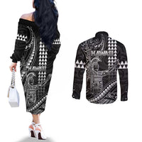 Hawaii King Kamehameha The Great Couples Matching Off The Shoulder Long Sleeve Dress and Long Sleeve Button Shirt Black Tribal Tattoo LT05 - Polynesian Pride