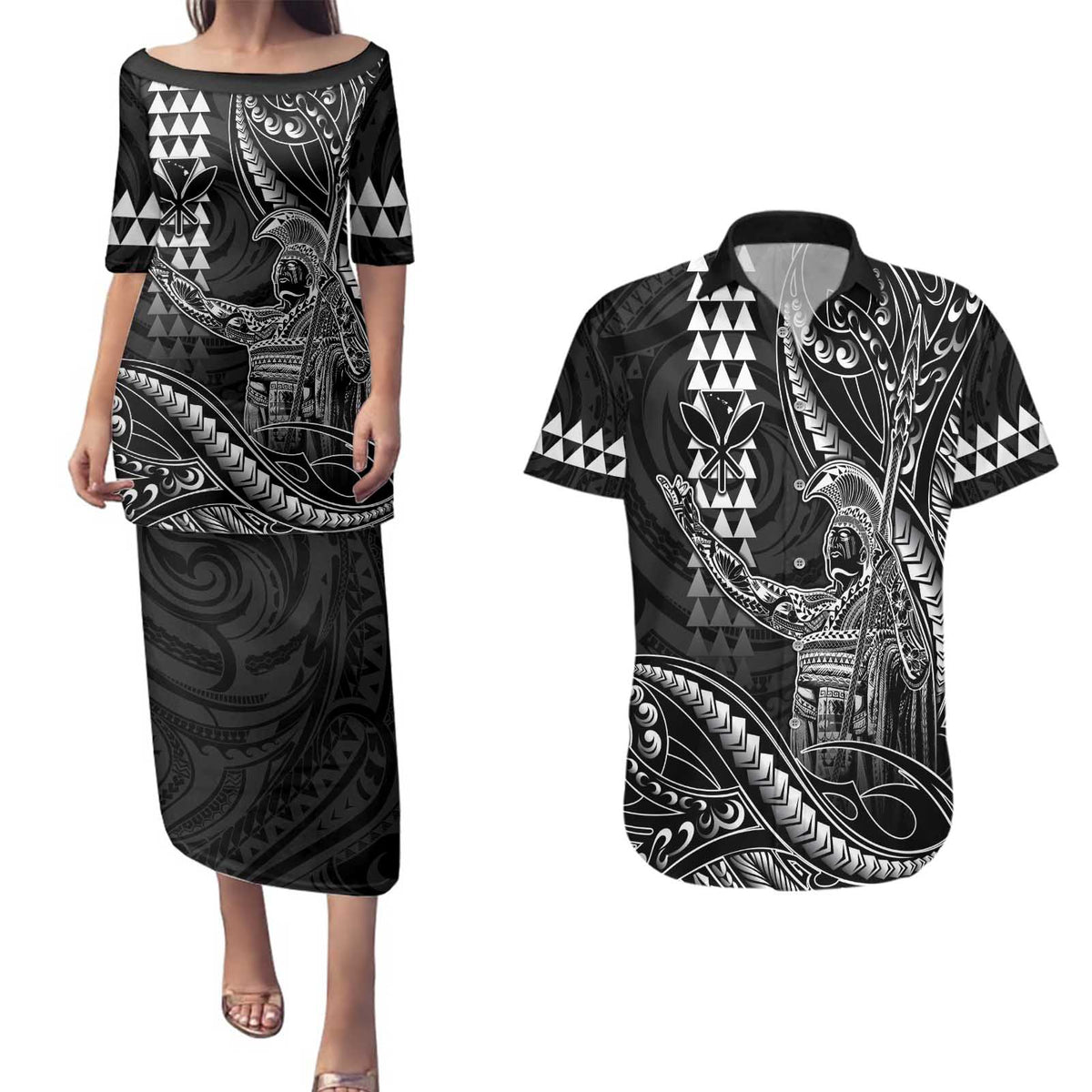 Hawaii King Kamehameha The Great Couples Matching Puletasi and Hawaiian Shirt Black Tribal Tattoo LT05 Black - Polynesian Pride