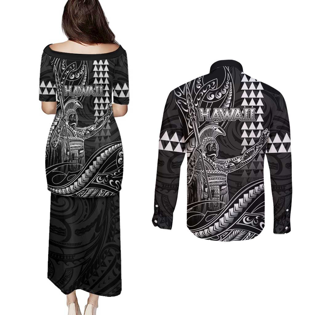 Hawaii King Kamehameha The Great Couples Matching Puletasi and Long Sleeve Button Shirt Black Tribal Tattoo LT05 - Polynesian Pride