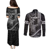 Hawaii King Kamehameha The Great Couples Matching Puletasi and Long Sleeve Button Shirt Black Tribal Tattoo LT05 - Polynesian Pride