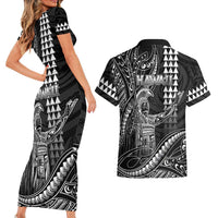 Hawaii King Kamehameha The Great Couples Matching Short Sleeve Bodycon Dress and Hawaiian Shirt Black Tribal Tattoo LT05 - Polynesian Pride