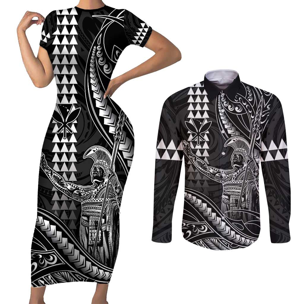 Hawaii King Kamehameha The Great Couples Matching Short Sleeve Bodycon Dress and Long Sleeve Button Shirt Black Tribal Tattoo LT05 Black - Polynesian Pride