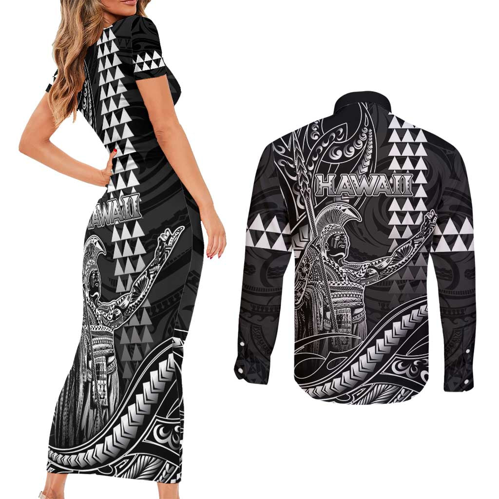 Hawaii King Kamehameha The Great Couples Matching Short Sleeve Bodycon Dress and Long Sleeve Button Shirt Black Tribal Tattoo LT05 - Polynesian Pride
