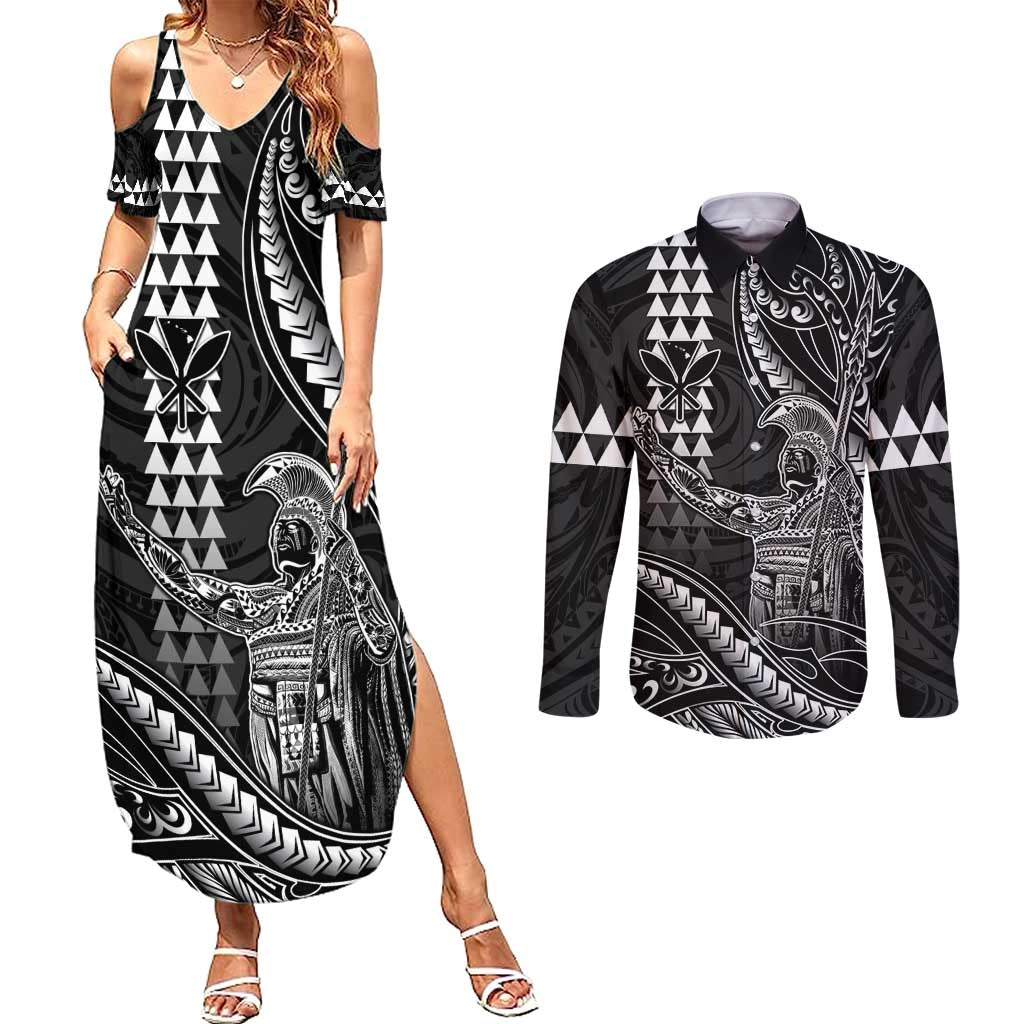 Hawaii King Kamehameha The Great Couples Matching Summer Maxi Dress and Long Sleeve Button Shirt Black Tribal Tattoo LT05 Black - Polynesian Pride