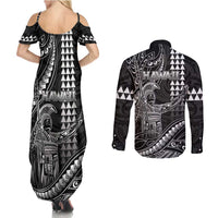 Hawaii King Kamehameha The Great Couples Matching Summer Maxi Dress and Long Sleeve Button Shirt Black Tribal Tattoo LT05 - Polynesian Pride