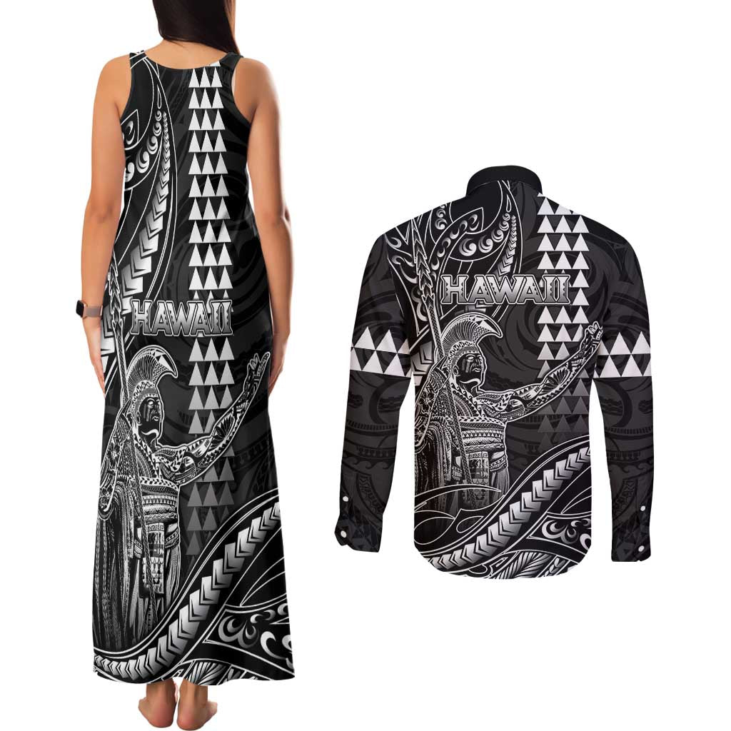 Hawaii King Kamehameha The Great Couples Matching Tank Maxi Dress and Long Sleeve Button Shirt Black Tribal Tattoo LT05 - Polynesian Pride