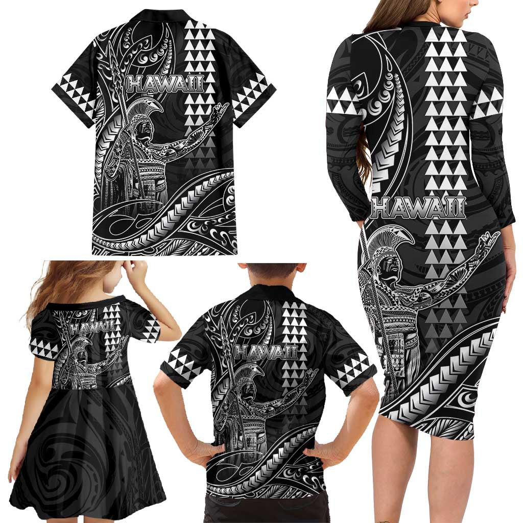 Hawaii King Kamehameha The Great Family Matching Long Sleeve Bodycon Dress and Hawaiian Shirt Black Tribal Tattoo LT05 - Polynesian Pride
