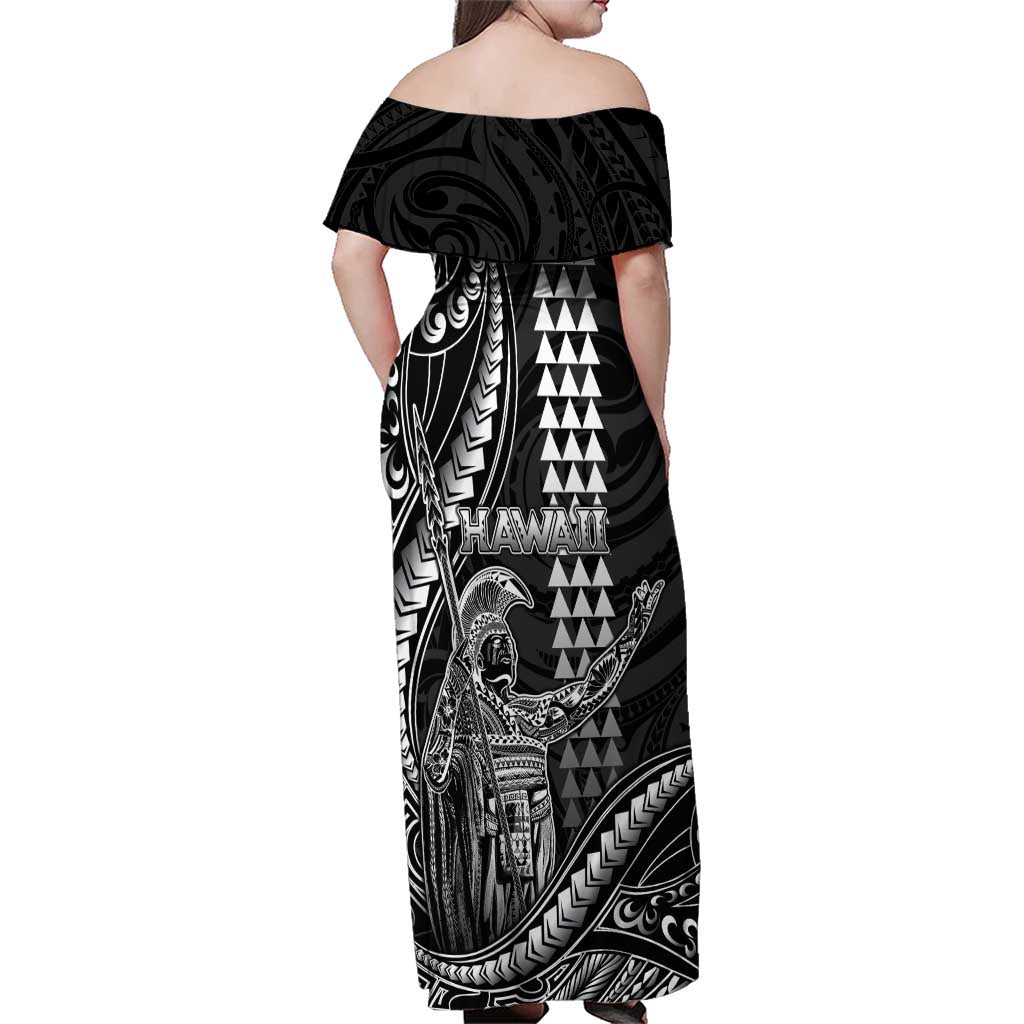 Hawaii King Kamehameha The Great Family Matching Off Shoulder Maxi Dress and Hawaiian Shirt Black Tribal Tattoo LT05 - Polynesian Pride