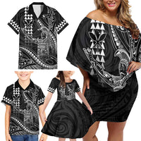 Hawaii King Kamehameha The Great Family Matching Off Shoulder Short Dress and Hawaiian Shirt Black Tribal Tattoo LT05 - Polynesian Pride