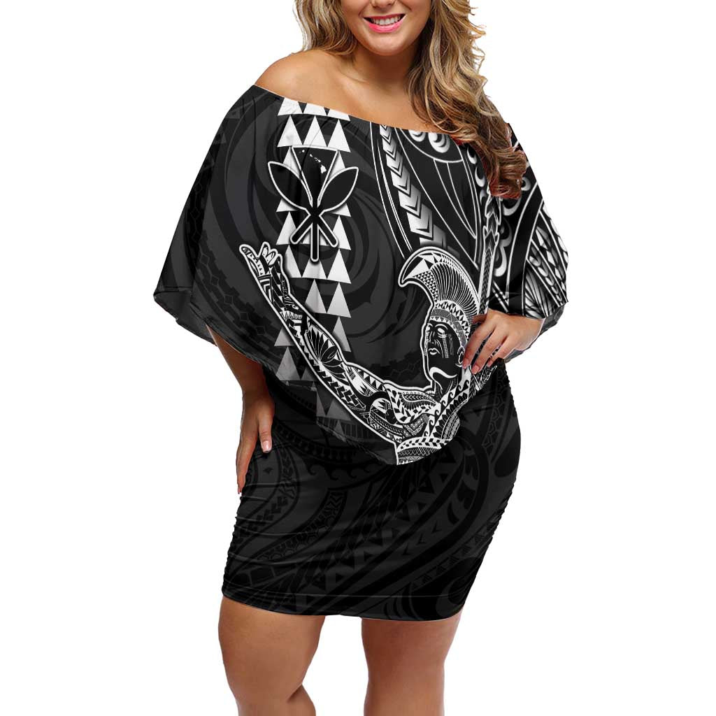 Hawaii King Kamehameha The Great Family Matching Off Shoulder Short Dress and Hawaiian Shirt Black Tribal Tattoo LT05 Mom's Dress Black - Polynesian Pride
