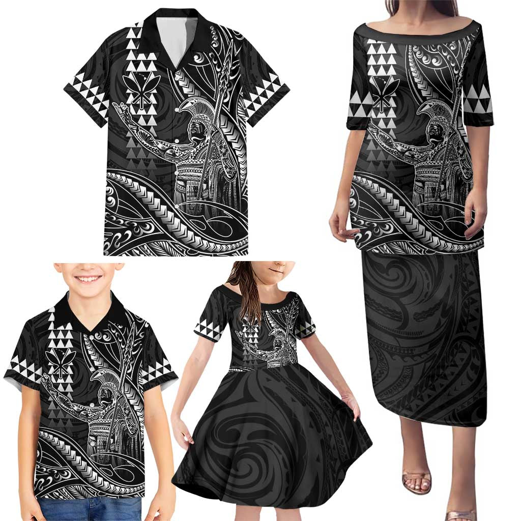 Hawaii King Kamehameha The Great Family Matching Puletasi and Hawaiian Shirt Black Tribal Tattoo