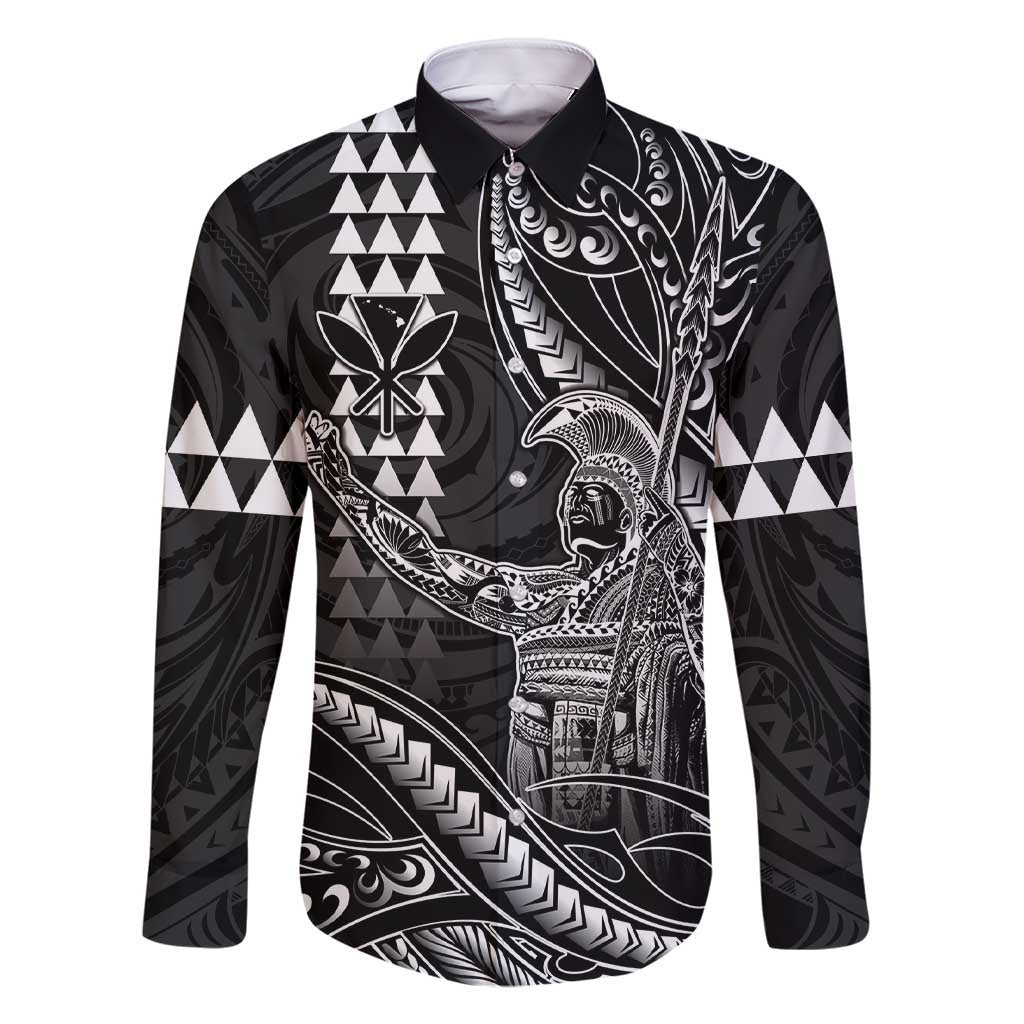 Hawaii King Kamehameha The Great Family Matching Short Sleeve Bodycon Dress and Hawaiian Shirt Black Tribal Tattoo LT05 Dad's Shirt - Long Sleeve Black - Polynesian Pride