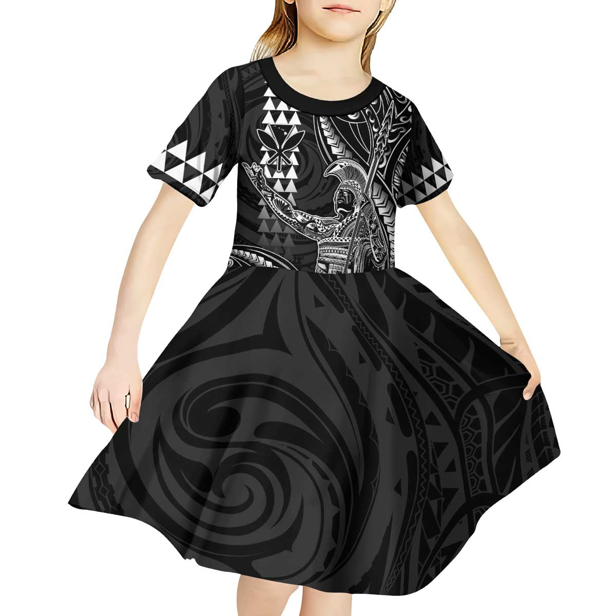 Hawaii King Kamehameha The Great Kid Short Sleeve Dress Black Tribal Tattoo LT05 - Polynesian Pride