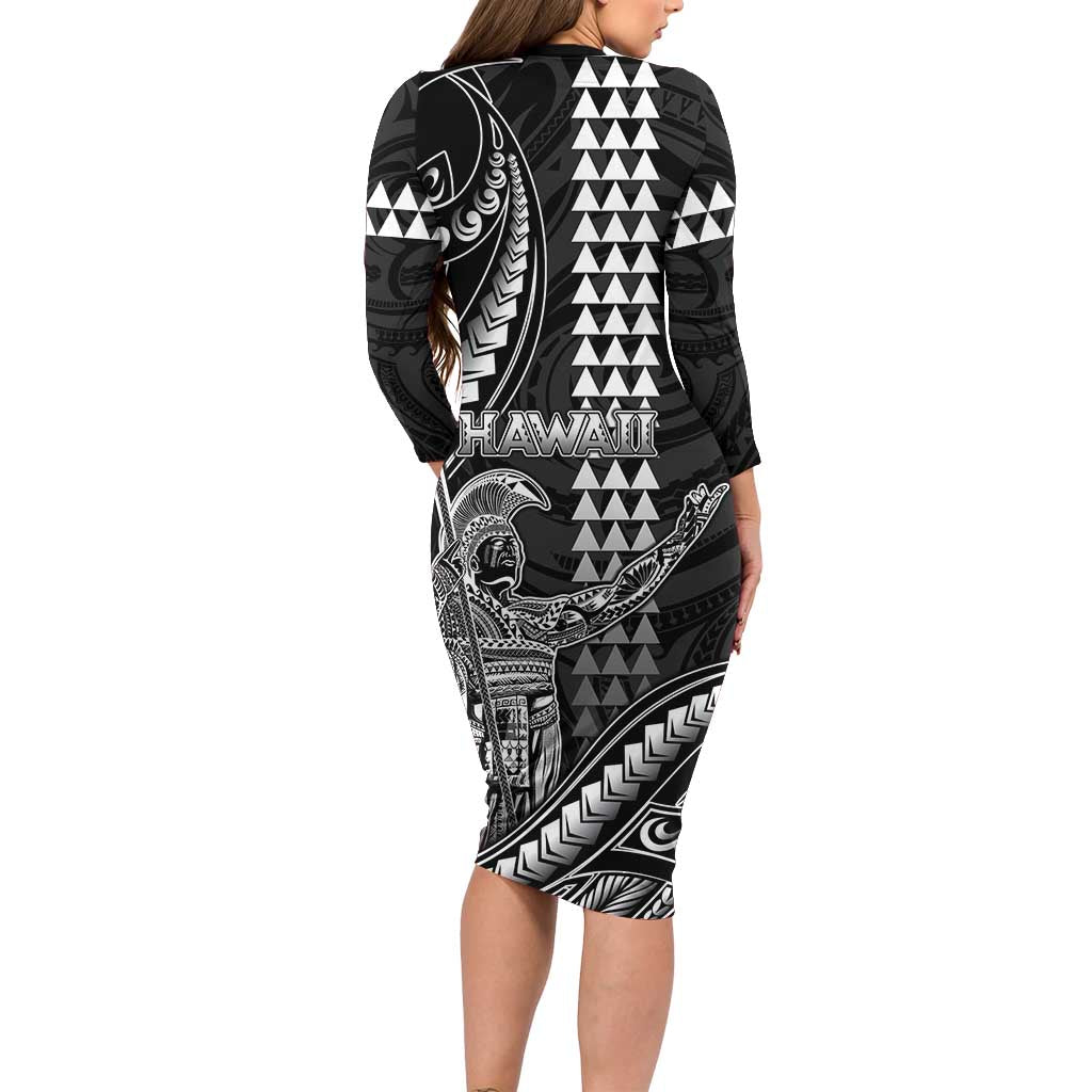 Hawaii King Kamehameha The Great Long Sleeve Bodycon Dress Black Tribal Tattoo LT05 - Polynesian Pride