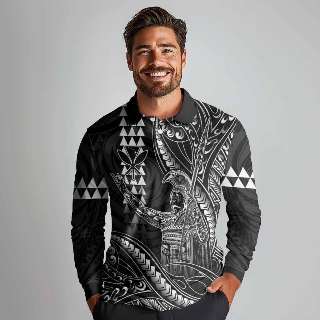 Hawaii King Kamehameha The Great Long Sleeve Polo Shirt Black Tribal Tattoo LT05 - Polynesian Pride