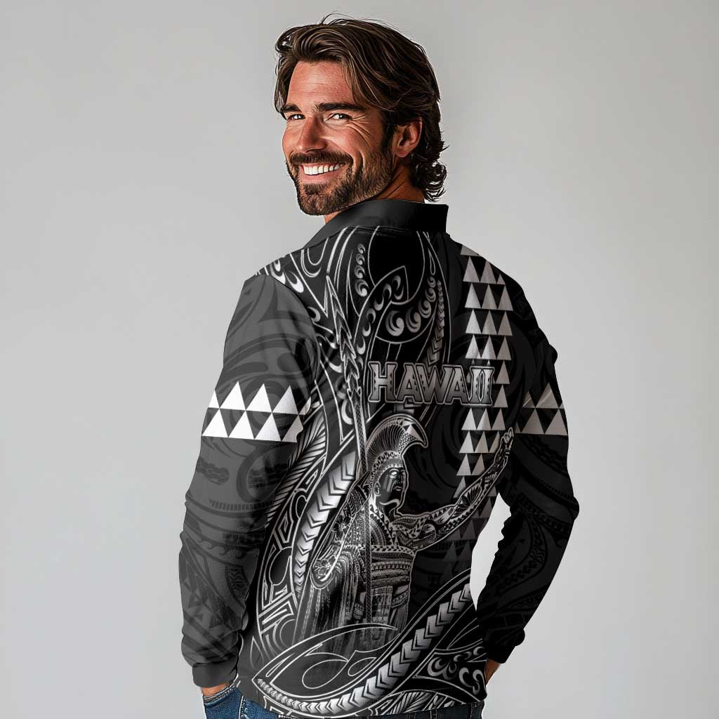 Hawaii King Kamehameha The Great Long Sleeve Polo Shirt Black Tribal Tattoo LT05 - Polynesian Pride