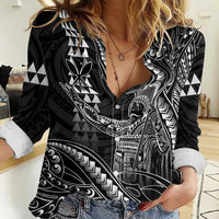 Hawaii King Kamehameha The Great Women Casual Shirt Black Tribal Tattoo LT05 Female Black - Polynesian Pride