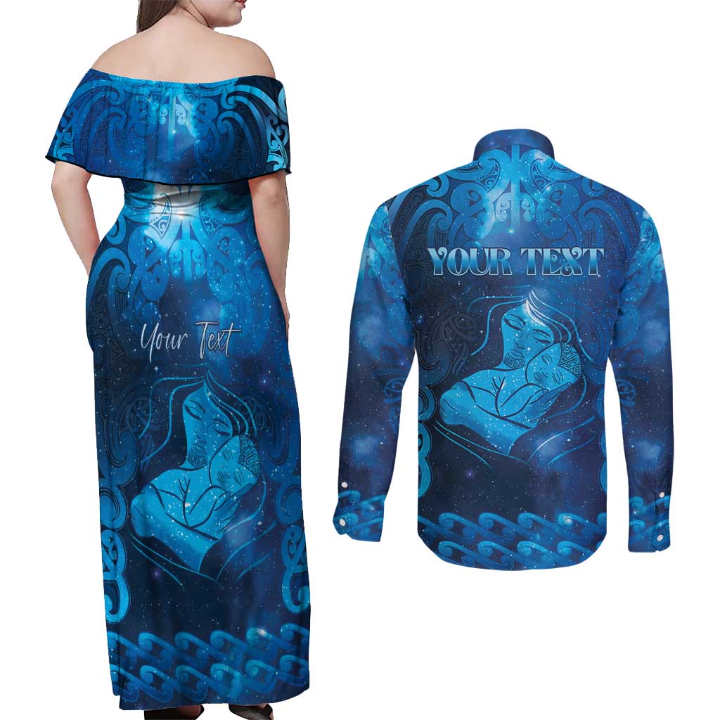Personalised New Zealand Mother's Day Couples Matching Off Shoulder Maxi Dress and Long Sleeve Button Shirt Ko Te Whaea Te Takere O Te Waka LT05 - Polynesian Pride