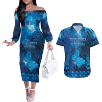 Personalised New Zealand Mother's Day Couples Matching Off The Shoulder Long Sleeve Dress and Hawaiian Shirt Ko Te Whaea Te Takere O Te Waka LT05 Blue - Polynesian Pride