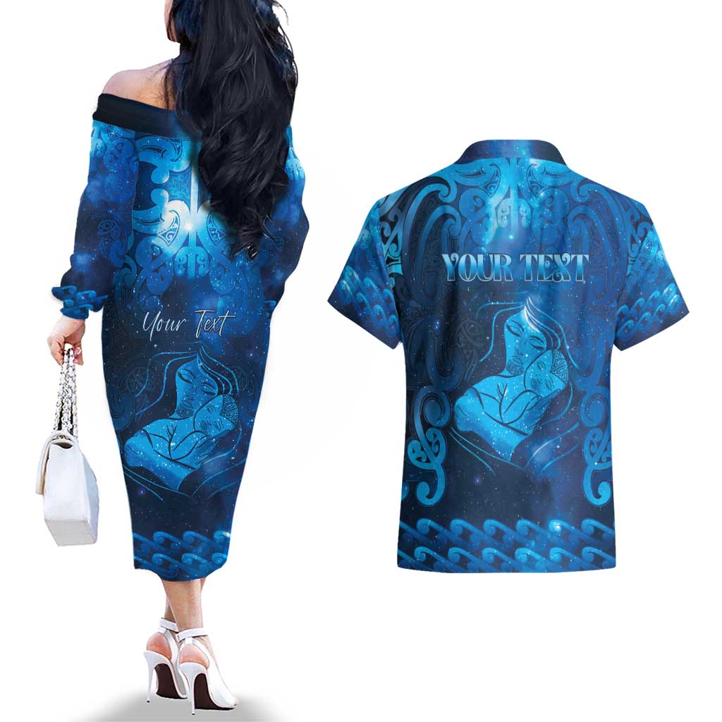 Personalised New Zealand Mother's Day Couples Matching Off The Shoulder Long Sleeve Dress and Hawaiian Shirt Ko Te Whaea Te Takere O Te Waka LT05 - Polynesian Pride