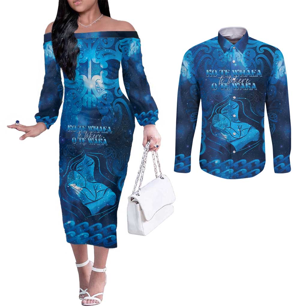Personalised New Zealand Mother's Day Couples Matching Off The Shoulder Long Sleeve Dress and Long Sleeve Button Shirt Ko Te Whaea Te Takere O Te Waka LT05 Blue - Polynesian Pride