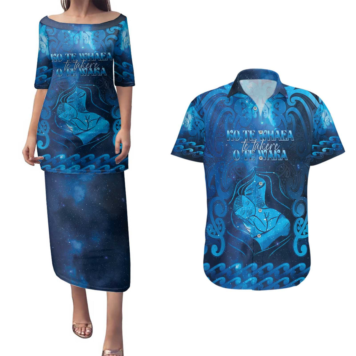 Personalised New Zealand Mother's Day Couples Matching Puletasi and Hawaiian Shirt Ko Te Whaea Te Takere O Te Waka LT05 Blue - Polynesian Pride