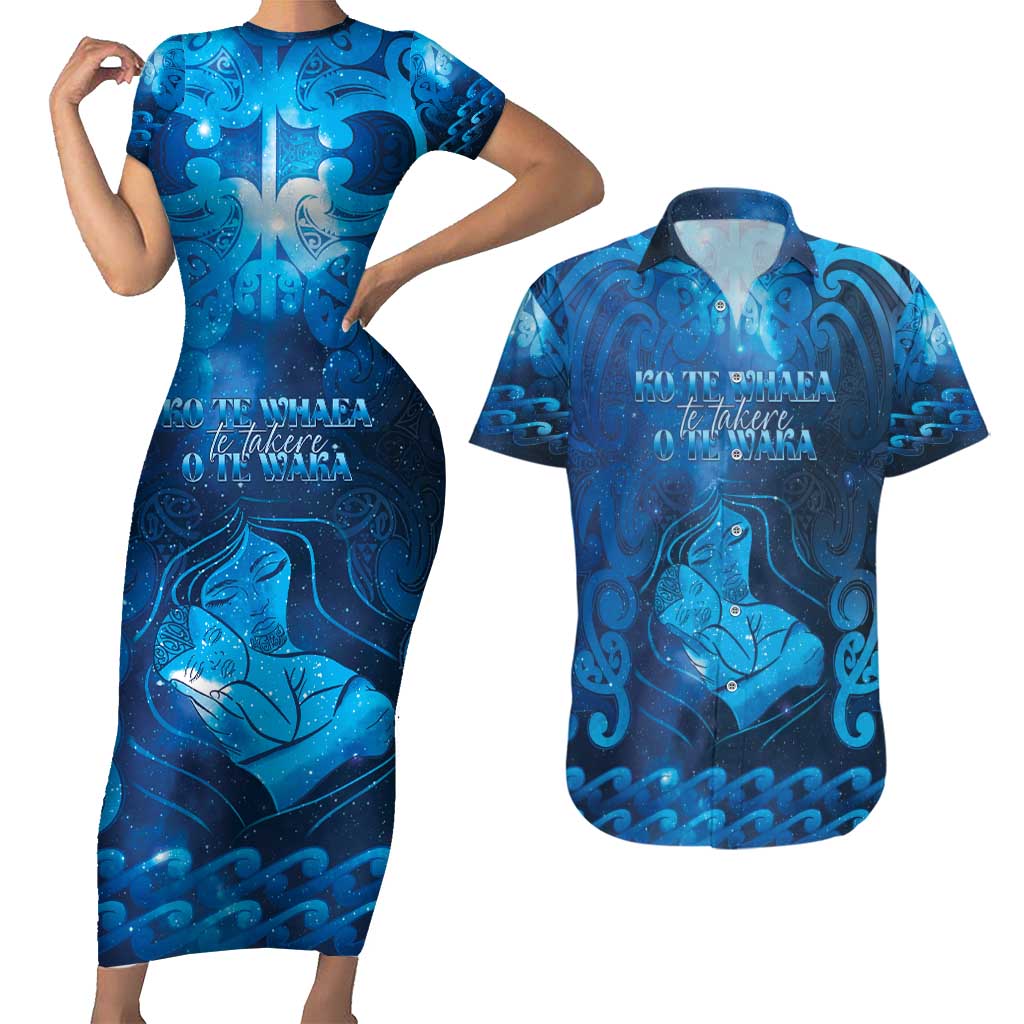 Personalised New Zealand Mother's Day Couples Matching Short Sleeve Bodycon Dress and Hawaiian Shirt Ko Te Whaea Te Takere O Te Waka LT05 Blue - Polynesian Pride