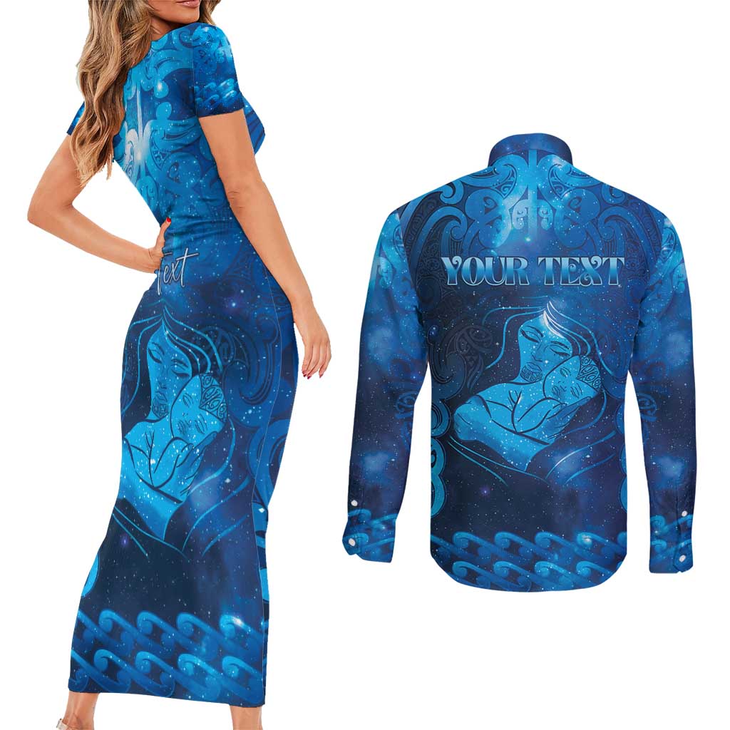 Personalised New Zealand Mother's Day Couples Matching Short Sleeve Bodycon Dress and Long Sleeve Button Shirt Ko Te Whaea Te Takere O Te Waka LT05 - Polynesian Pride